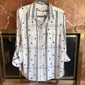 Polka Dot Women’s Button Down Blouse Shirt Size Large White Black Long Sleeve
